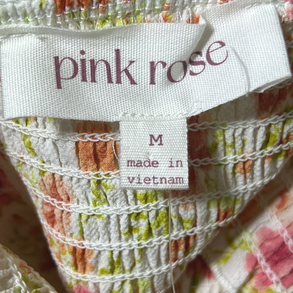 Pink Rose Cropped Elastic Adjustable Shirred Floral W/Bow Top Size Medium NWT - Picture 6 of 8